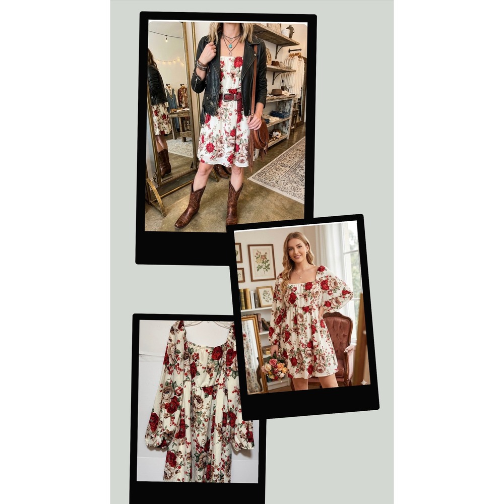 Floral Rose Print Square Neck Midi Dress Long Sleeve Smocked Back 3XL Romantic
